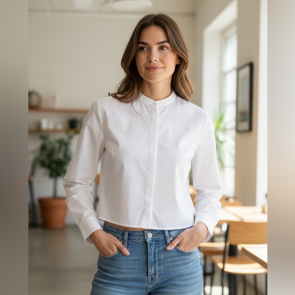 Rag & Bone White Collarless Cropped Button Up Shirt